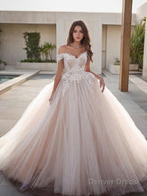 Ball Gown Off-the-Shoulder Floor-Length Tulle Wedding Dresses With Appliques Lace